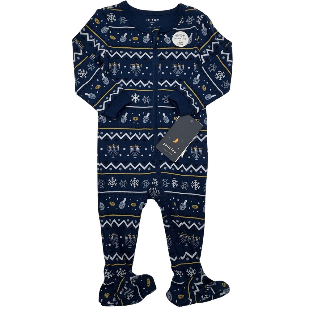 NEW Petit Lem Footed Pajamas Baby 9M Navy‎ Organic Cotton Hanukkah Snowflake